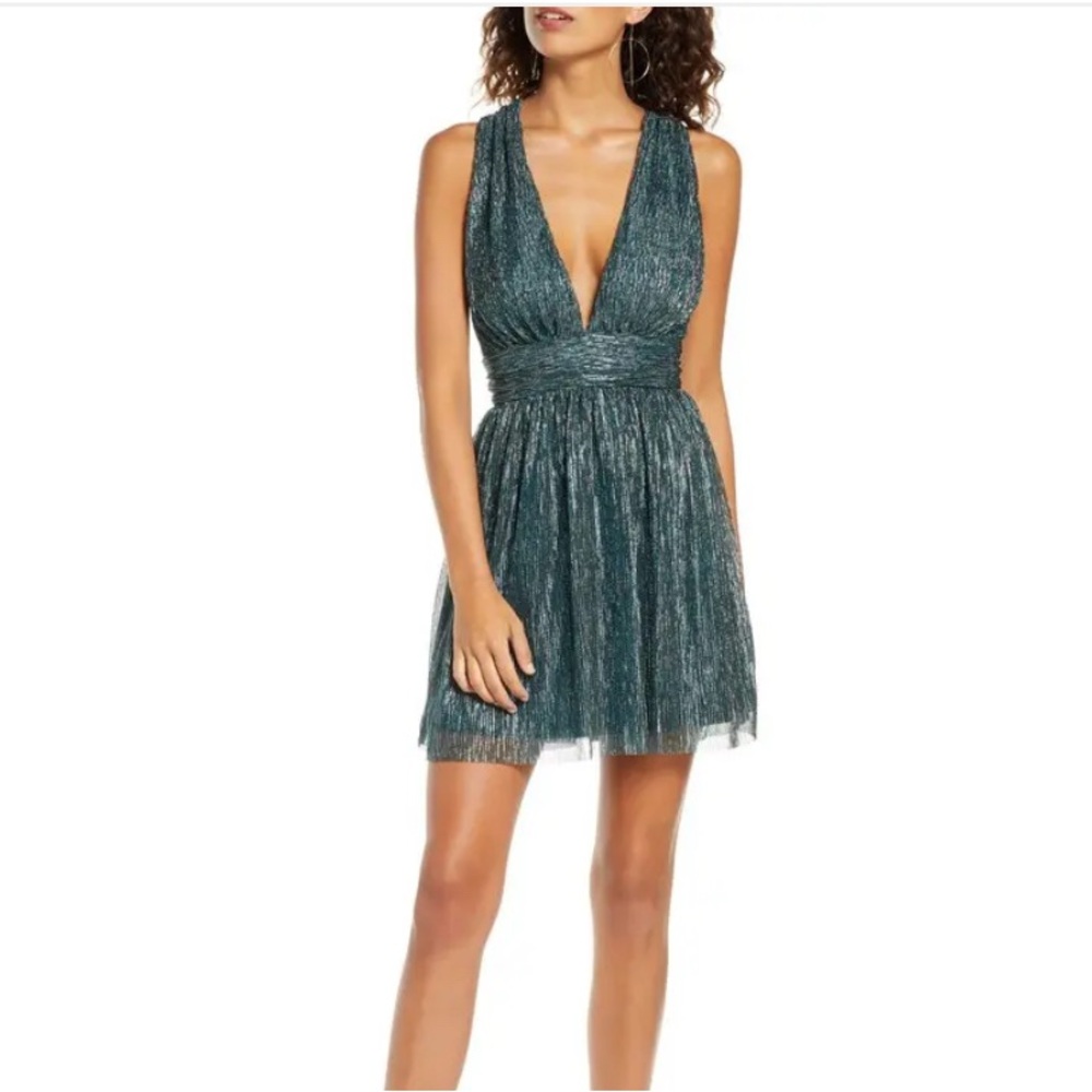 Lulus AILEY Gold & Teal Blue Skater Mini Dress size L